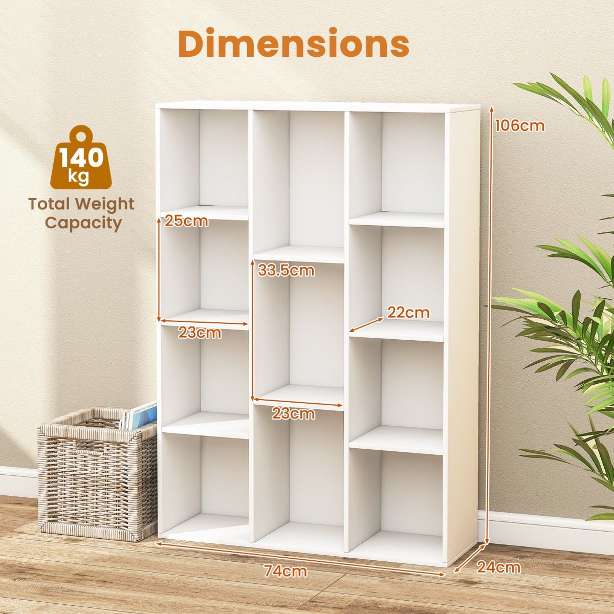 Coast Bücherregal 11 Fächer Weiß 74x24x106 cm - Modernes geometrisches Raumregal mit Kippschutz