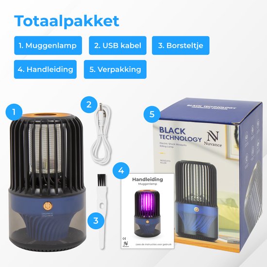 Nuvance - Mückenlampe - Kabellos & Wiederaufladbar - Mückenfalle - UV Led - Mückenlampe für Innen und Außen - Insektenlampe - Inkl. Auffangschale & Reinigungsbürste - Insektenlampen