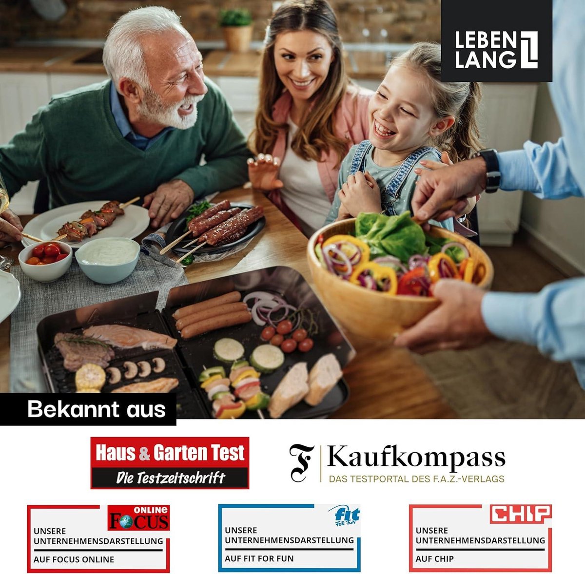LEBENLANG Elektro-Tischgrill 2400W - Grau - 2x Grillplatten (gerippt & glatt) - 55 x 30 cm - Inklusive Grillzange und Spritzschutz - Für den Innen- und Außenbereich