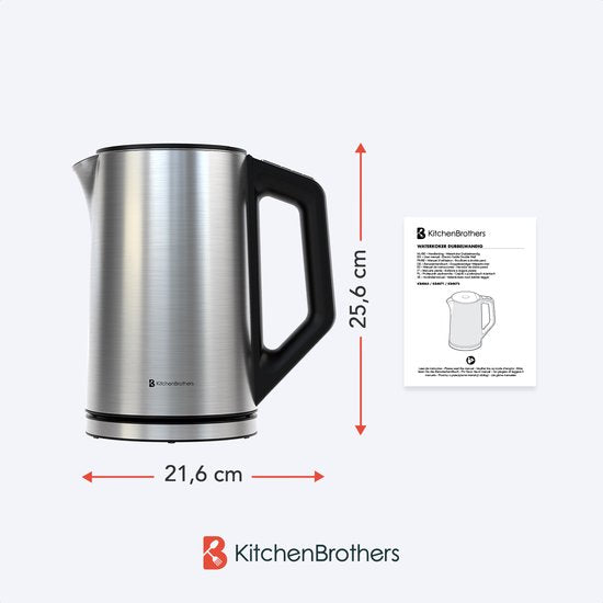 KitchenBrothers Wasserkocher - Elektrisch - 1,5L - 2200W - Einstellbare Temperaturregelung - Doppelwandig - Edelstahl-Wasserkocher - Silber