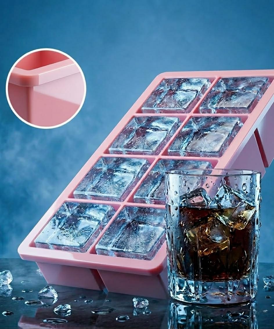 Lxndaser Eiswürfelform, groß, mit Deckel, 2er-Set – 16 quadratische Eiswürfel à 4,6 cm – auslaufsicher und stapelbar – Dunkelrosa und Hellrosa