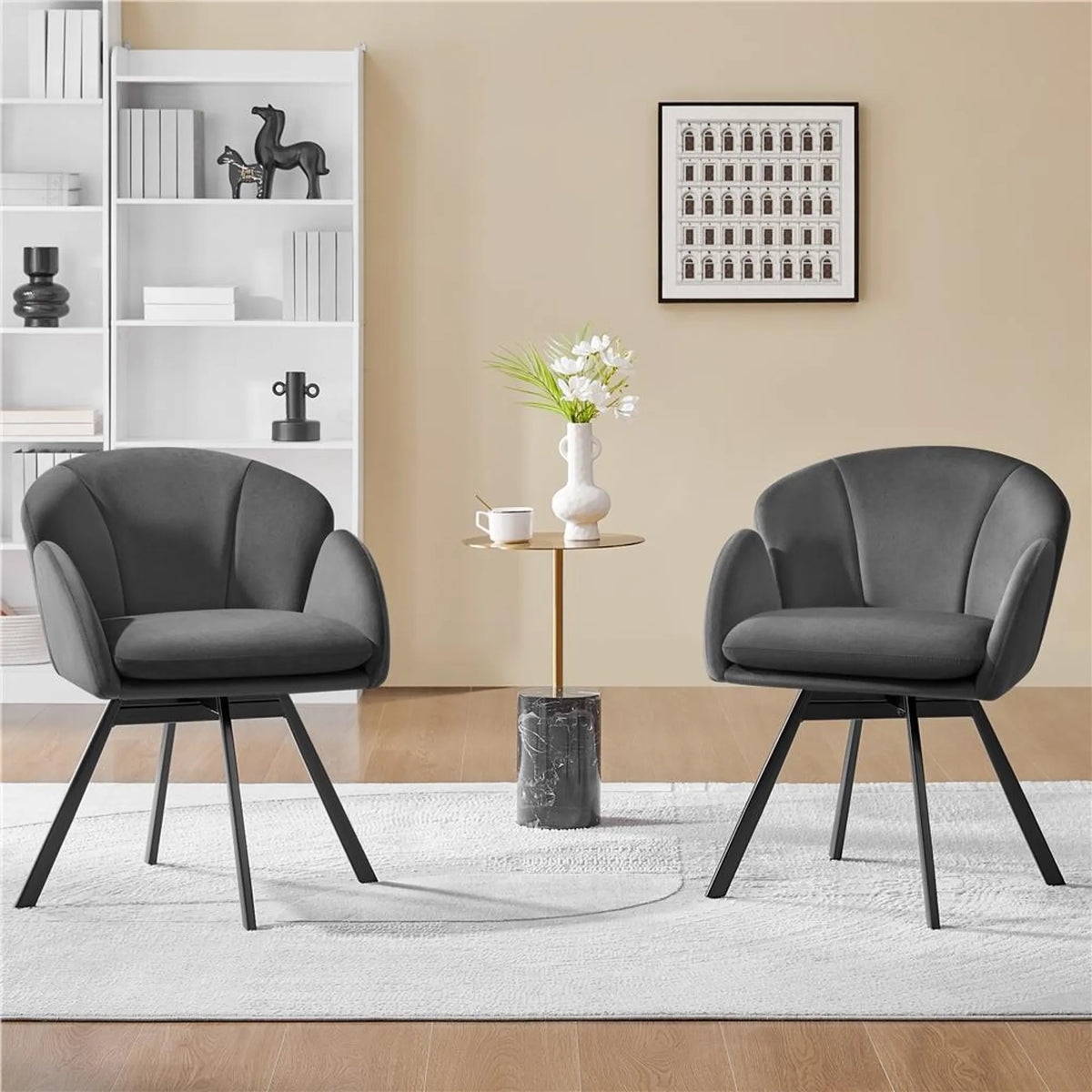 Yaheetech Drehstuhl Floral - Mit 360°-Drehmechanismus und abnehmbarem Sitzkissen und X-förmigem Metallgestell - Für Schlafzimmer und Home Office - Schwarzer Bouclé und Metall - 57 x 61 x 75 cm