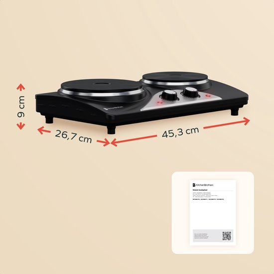 KitchenBrothers Elektrokochfeld - 2 Brenner - Freistehend - 7 Temperaturstufen - 1500W + 1000W - Schwarz