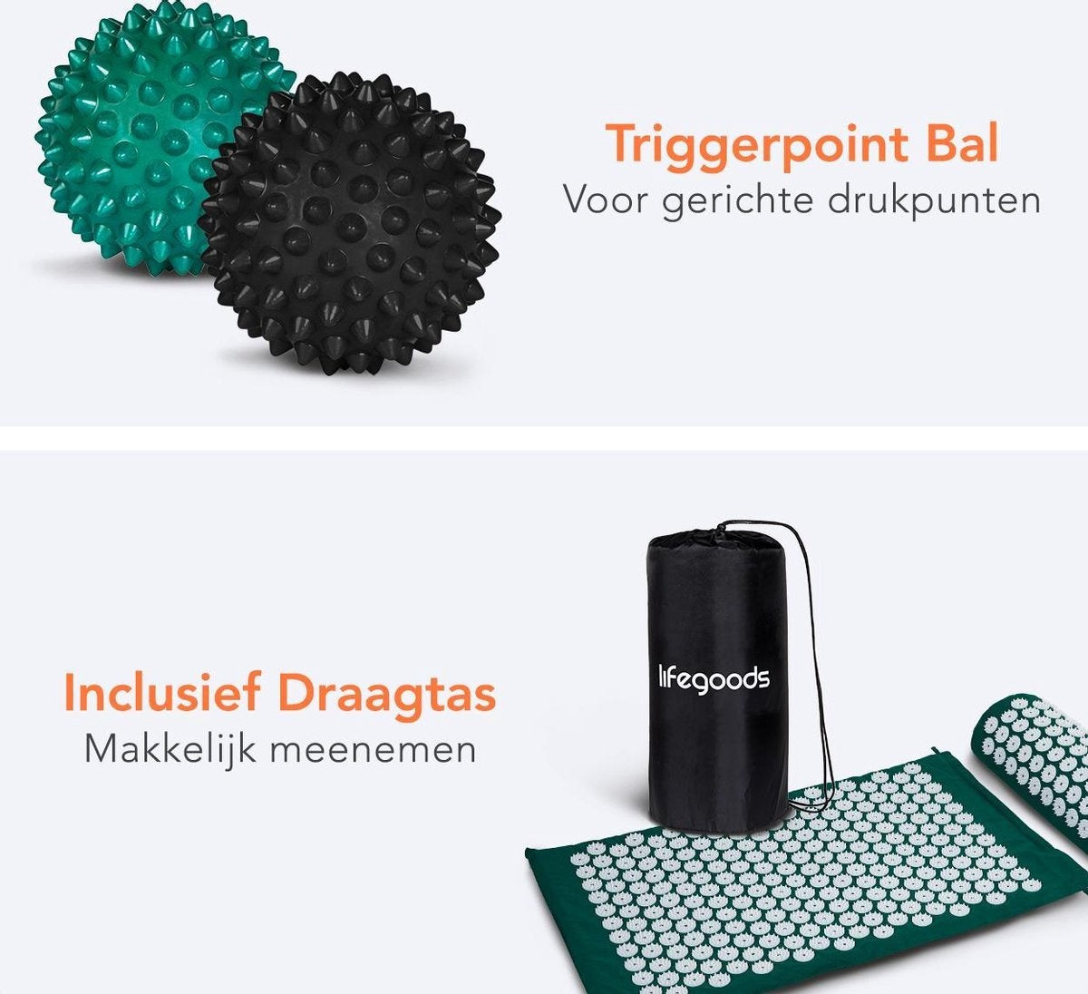 LifeGoods Akupressurmatte mit Kissen - Shakti Matte - Nagelmatte inkl. 2x Triggerpunkt Ball - 66x40x2cm - Grün/Weiß
