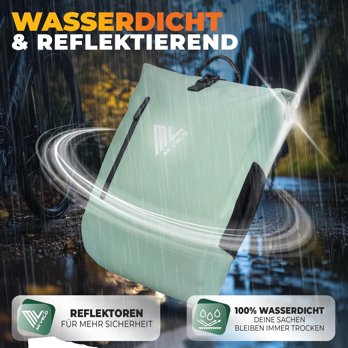 MIVELO 3-in-1 wasserdichte Fahrradtasche mit Laptopfach - PVC-frei - Mint - 20 L