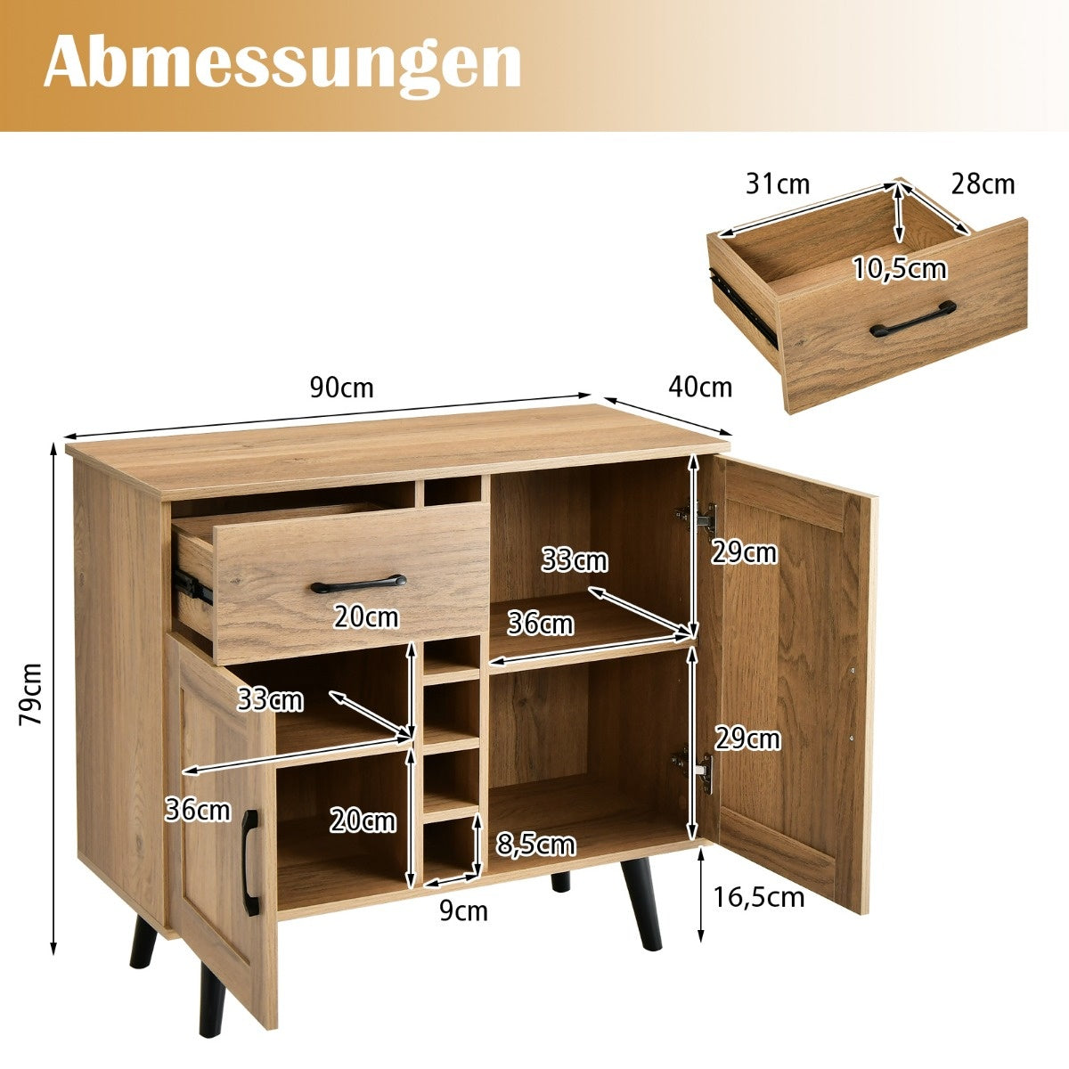 Coast Anrichte Küchenschrank mit Türen und Schubladen Landhausstil Küche Käse 90 x 40 x 79 cm natur