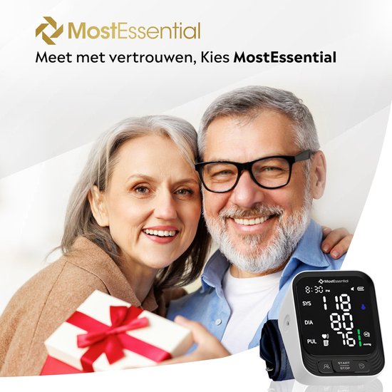 MostEssential Premium Oberarm-Blutdruckmessgerät - Herzfrequenzmesser - 398 Messwerte Speicher - USB-C-Kabel enthalten - 30S