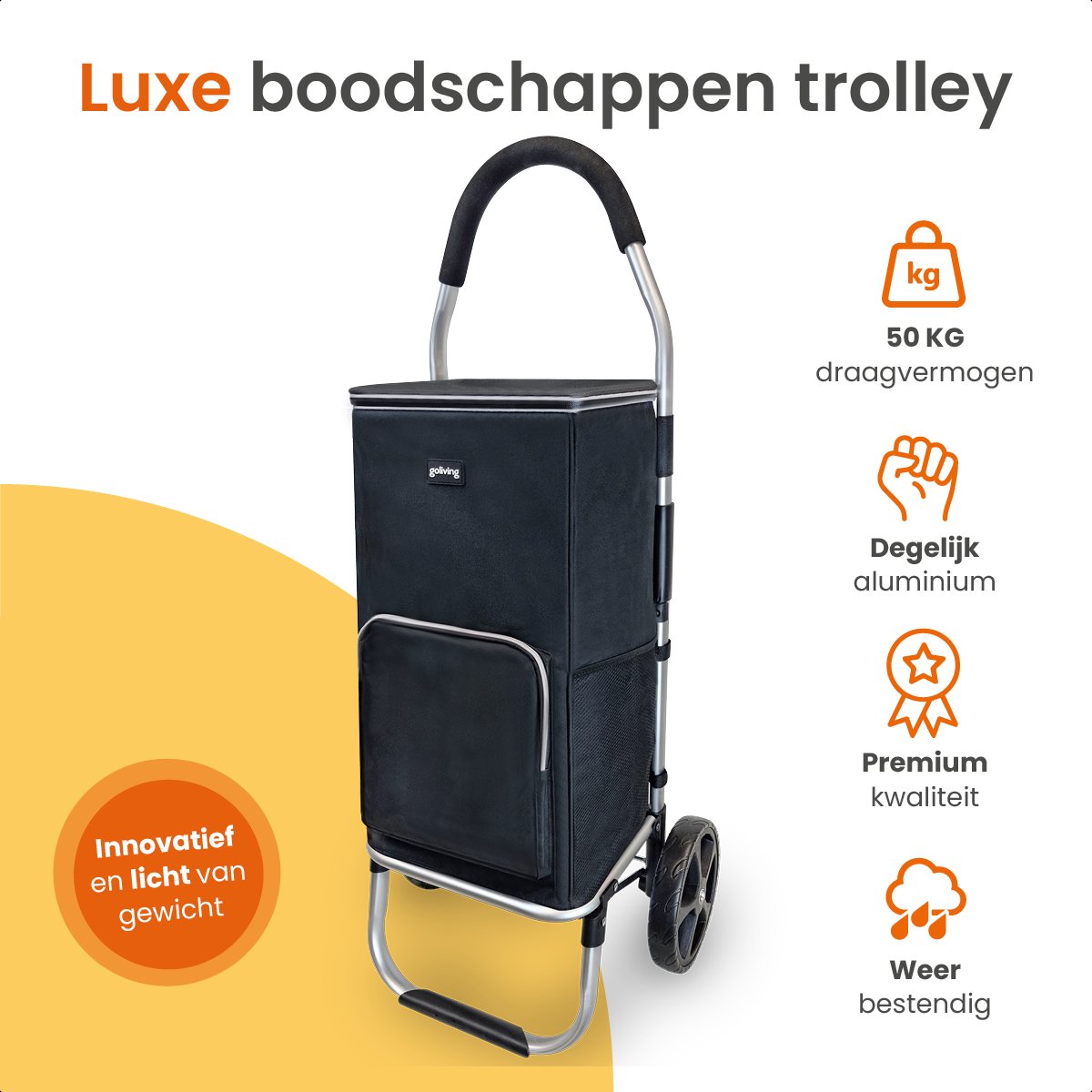 Goliving Einkaufswagen - Einkaufswagen mit Seitentaschen und Kühlfach - Zusammenklappbar - Wetterfest - Rostfreies Aluminium - Einkaufswagen mit Rollen - 50L - Schwarz