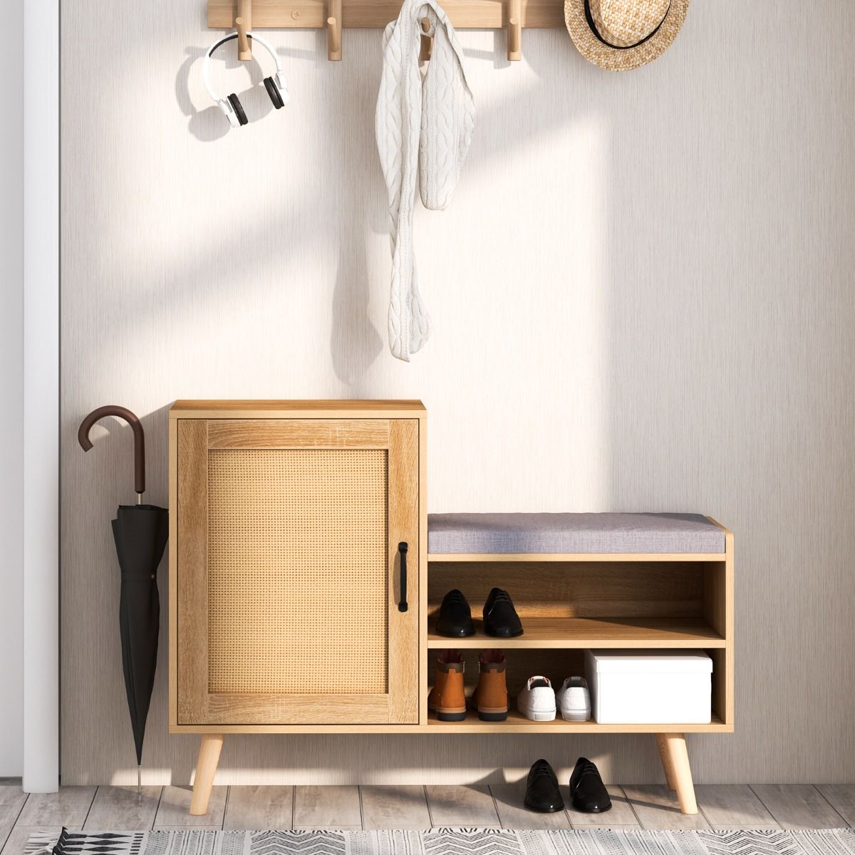 Coast Rattan-Schuhschrank mit Bank 2-in-1 - Natur, 105 x 35 x 76 cm, 3 verstellbare Einlegeböden, Kiefernholzbeine