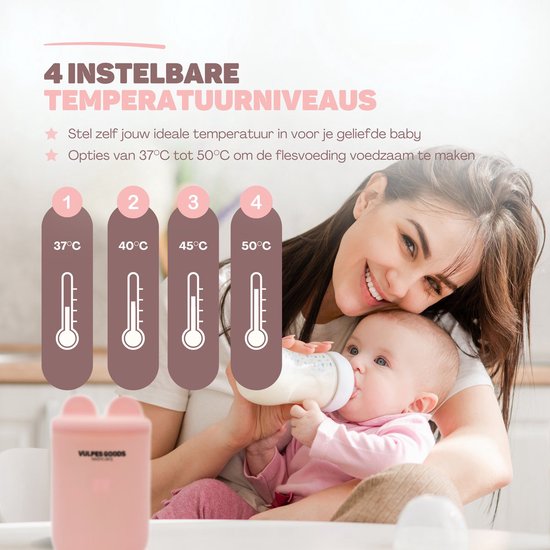 Vulpes Goods® BabyCare - Flaschenwärmer On the Go Pro - Tragbarer Babyflaschenwärmer - Intelligenter Flaschenwärmer - 4 Temperaturstufen - Kabellos - Rosa