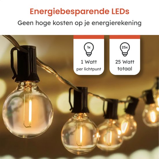 Partizzle 15m wasserdichte Lichterkette rund - 25 LED Lichtergirlande - Lichtergirlande für Terrasse und Camping - Weihnachtsbeleuchtung / Gartenbeleuchtung - 2700k / Warmweiß