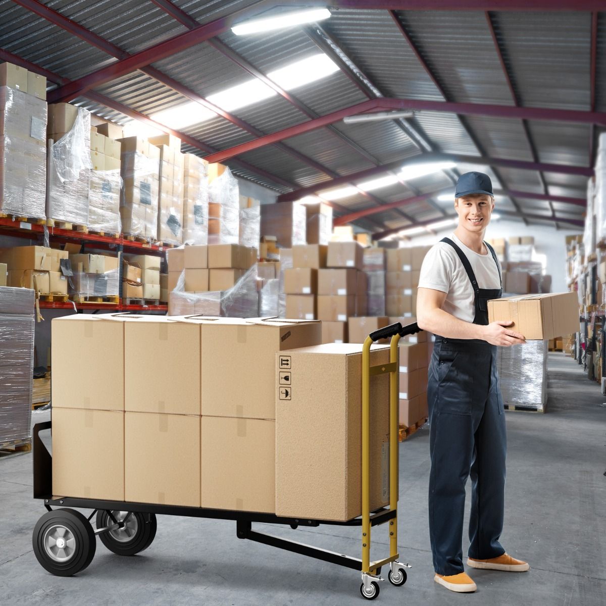 Coast Faltbarer Transportwagen – 3-in-1-Handwagen – 4 Gummiräder – 450 kg Tragkraft – schwarz/gelb
