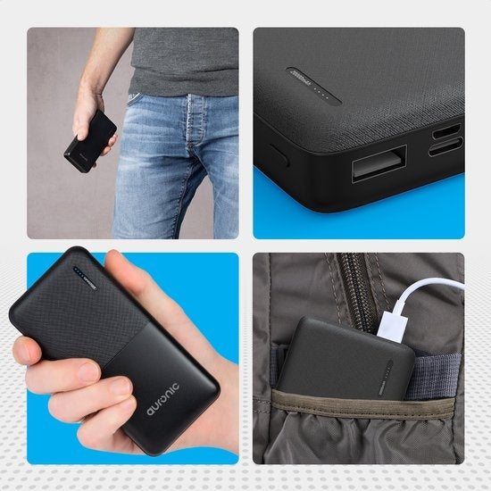 Auronic Powerbank - 20.000 mAh - 4 Anschlüsse - 2,4A USB/Micro-USB/USB-C - Inkl. Kabel - Schwarz