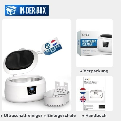 Strex - Ultraschallreiniger - Reinigungsgerät für Brillen/Schmuck/Uhren/Münzen - 600ml - 360° - Weiß