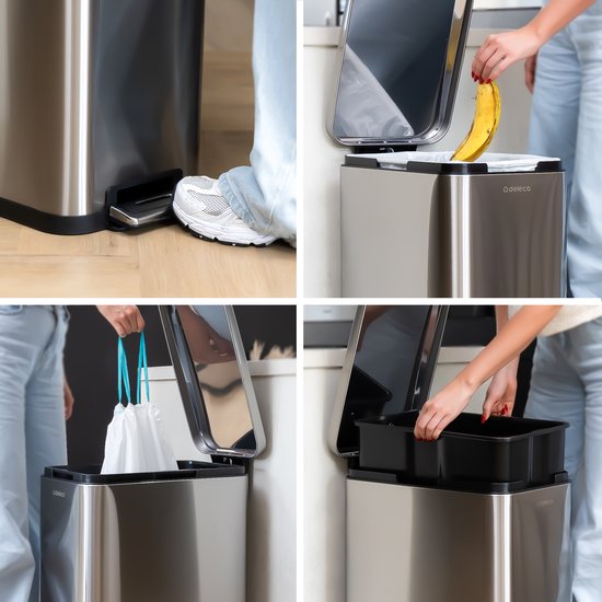 Deleca Mülleimer Prestige - 50 Liter - Schmal - Edelstahl Abfalleimer / Abfallbehälter / Tret-Abfalleimer - Mit Fußpedal und Slow Close - Matt Silber