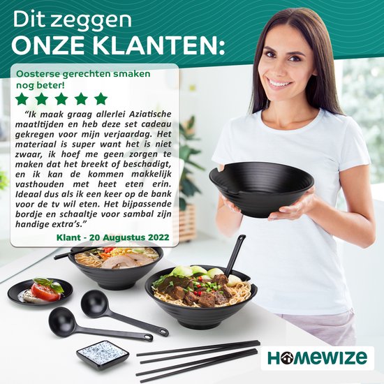 Homewize - Ramen Bowl 3x - Set 14-teilig - Nudelschüssel-Set mit Suppenlöffel & Essstäbchen - stark & spülmaschinenfest - schwarz