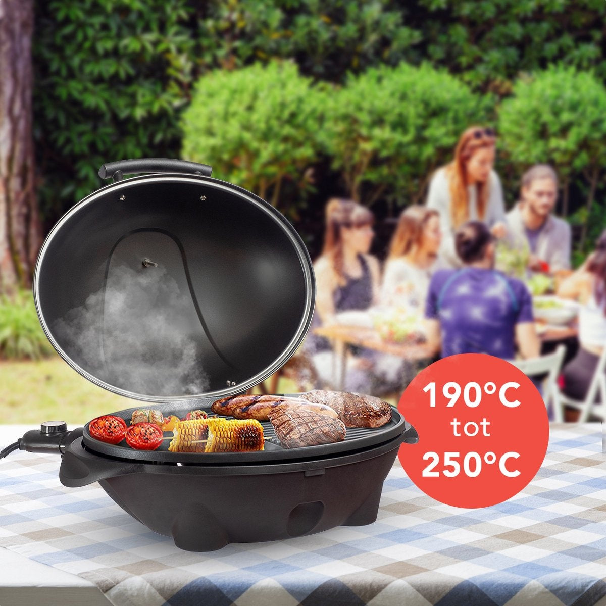 KitchenBrothers Elektrogrill - mit Grillplatte - Antihaftbeschichtung - Inkl. Ablage/Halterungen - Grillfläche 46,5x33,8cm - bis zu 300°C - 2400W - Schwarz