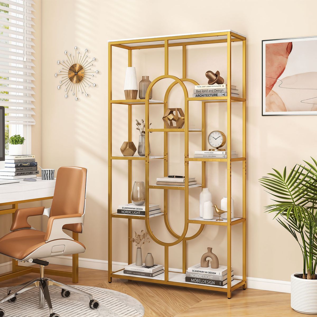 Coast Bücherregal, freistehend – 5-stöckiges offenes Regal – Geometrisches Design – Weiß und Gold – 95 x 30 x 175 cm