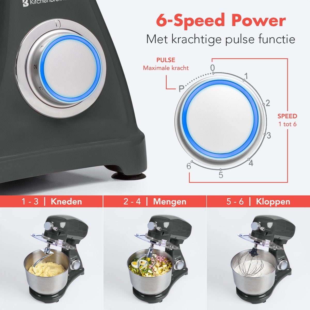 KitchenBrothers Küchenmaschine - Küchenroboter - 6L Rührschüssel - 1800W - Aluminium - Anthrazit