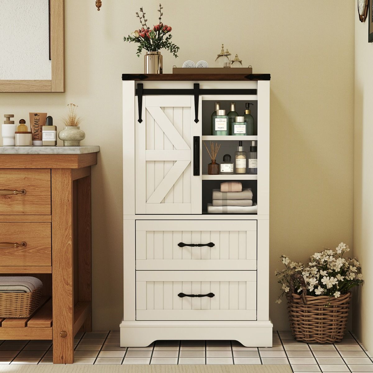 Coast Badezimmerschrank auf Füßen – Schiebetür im Landhausstil – verstellbare Einlegeböden – weiß 59 x 29 x 105 cm