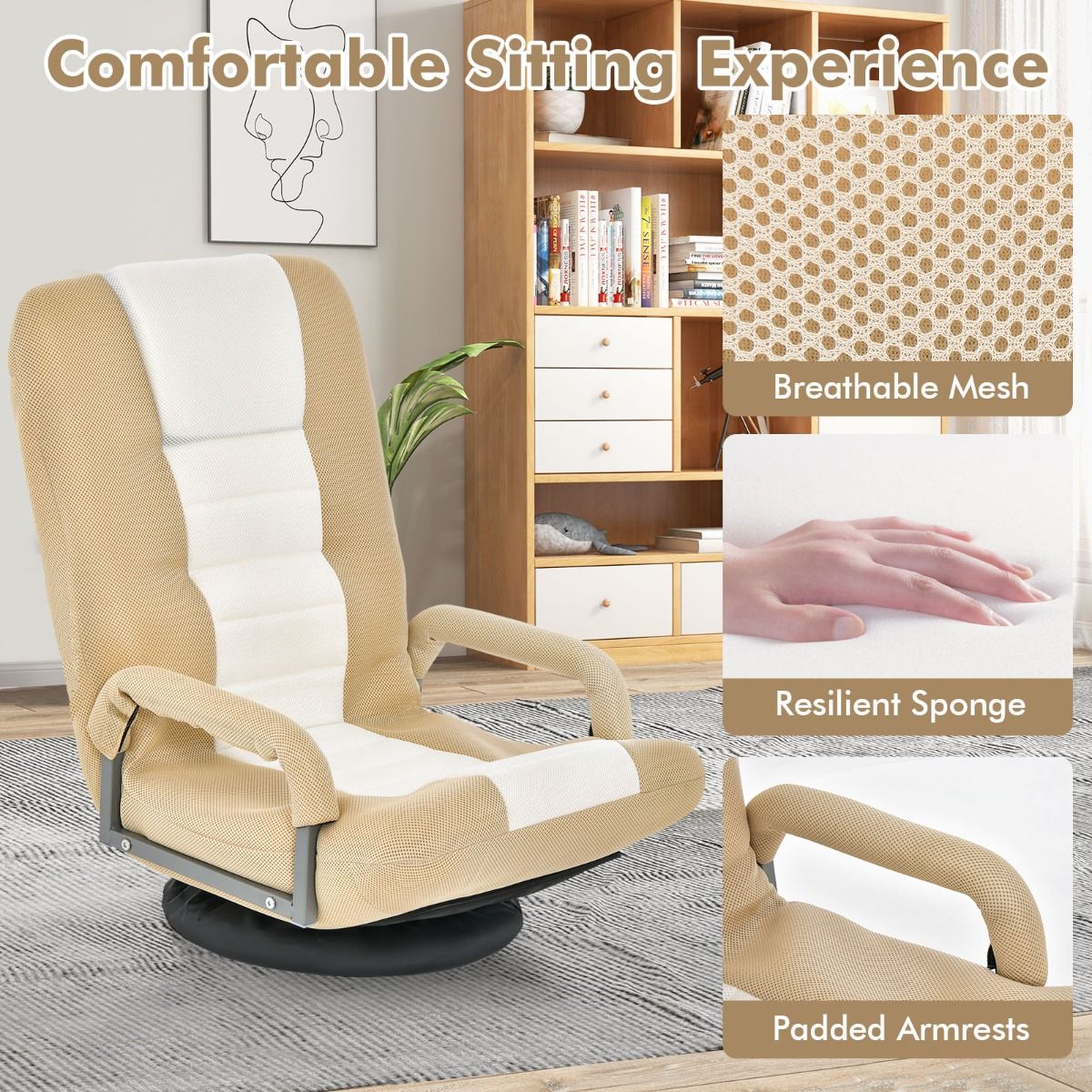 Coast Klappbarer Bodenstuhl - Verstellbare Rückenlehne - 360° drehbar - 55 x 61-87 x 75 cm - Beige