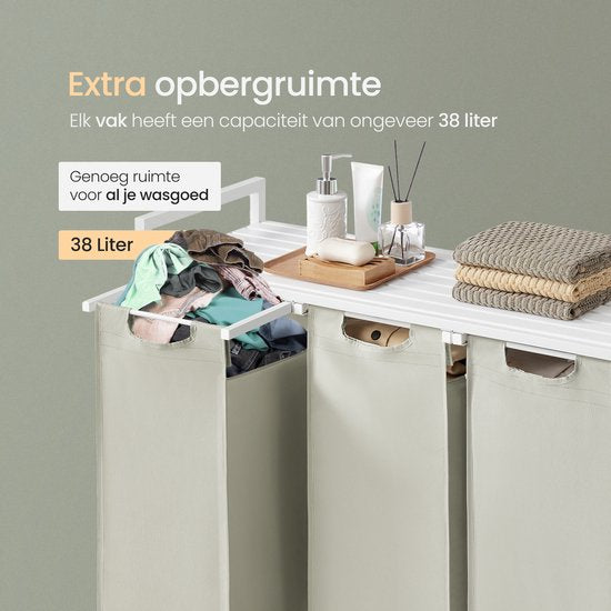 O'DADDY® Wäschekorb 3 Boxen - ausziehbarer Wäschesortierer mit Regal - 114 Liter - 92,5 x 33 x 71 cm - verstellbare Beine - einfach zu montieren - vielseitig und stilvoll aus Metall - weiß