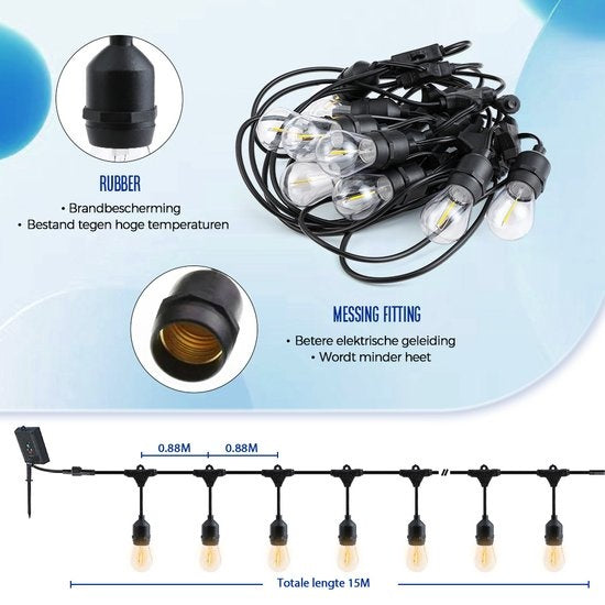 SHINE - Lichterkette für den Außenbereich - Solarbetriebene Lichtergirlande - Solar Led Prick Cord - Partybeleuchtung - Lichtergirlande - Gartenbeleuchtung - Vintage Classic Atmosphere Lights - 15 Meter Led E27 Glühbirnen mit Fernsteuerung