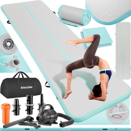 Tectake - Airtrack Matte - Aufblasbare Gymnastikmatte Air Flexy -Weichbodenmatte - Inkl. elektrischer Luftpumpe und Tragetasche - Größe 397 x 104 x 10 cm - türkis/grau