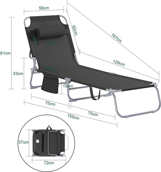 SoBuy Klappliegestuhl, verstellbarer Gartenliegestuhl mit Kopfstütze und Aufbewahrungstasche, ergonomischer Relaxstuhl für den Außenbereich, Garten, Balkon und Terrasse, schwarz, OGS35-SCH