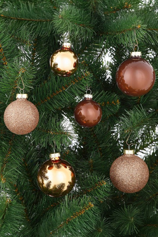 Mica Decorations Glas-Weihnachtskugeln-Set – Weihnachtskugeln mit Glanz und Glitzer – Weihnachtsschmuck für den Weihnachtsbaum – Baumspitze – 42-teiliges Set – Ø 7 cm – Braun