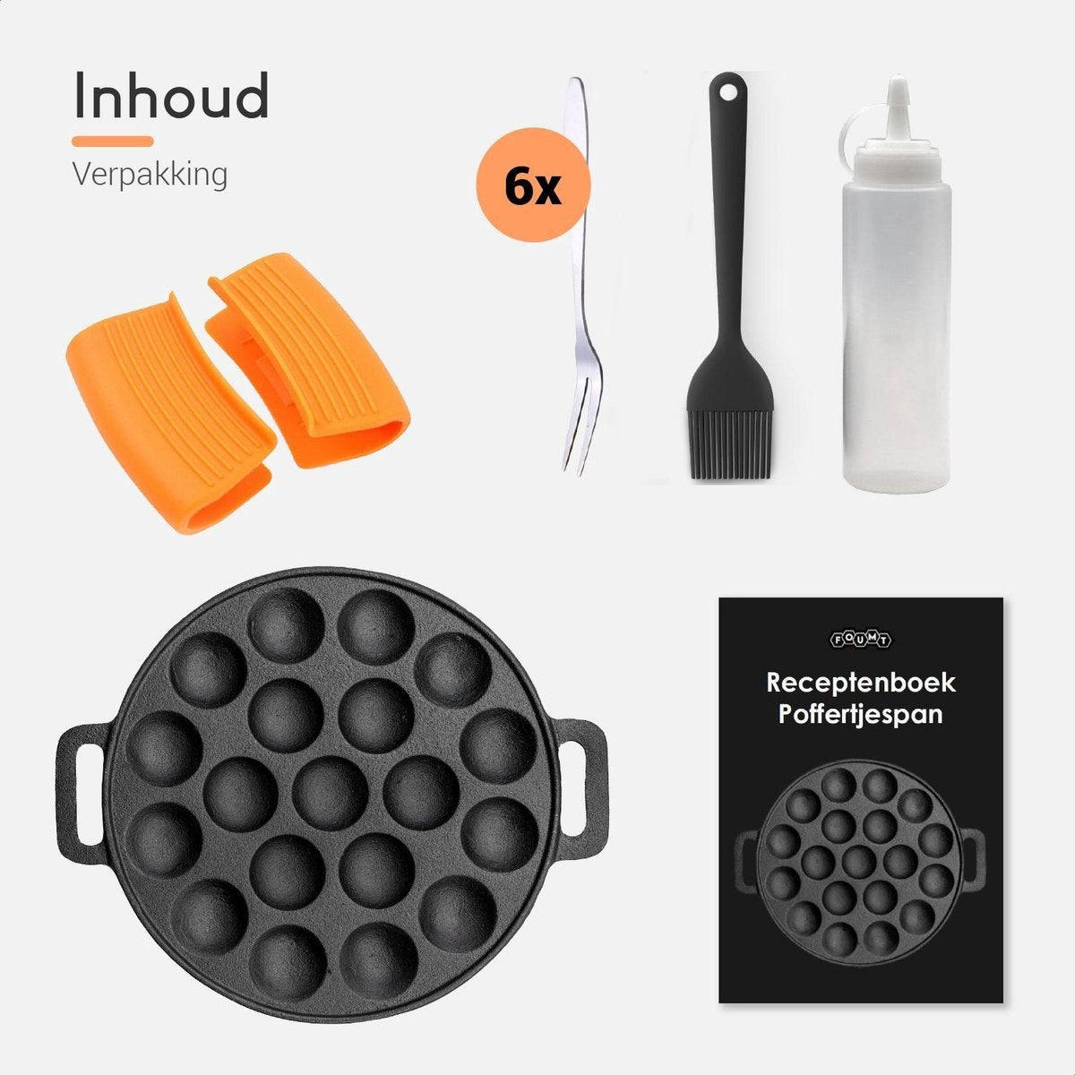 Ocina Poffertjes-Pfanne - Combo-Pack - 19 Poffertjes - Poffertjes-Maschine - Poffertjes-Pfanne Induktion - Poffertjes-Pfanne elektrisch - Gusseisenpfanne - Inklusive Spenderflasche, Griffe, 6x Poffertjes-Gabeln und Fettbürste - Gratis-Rezeptbuch