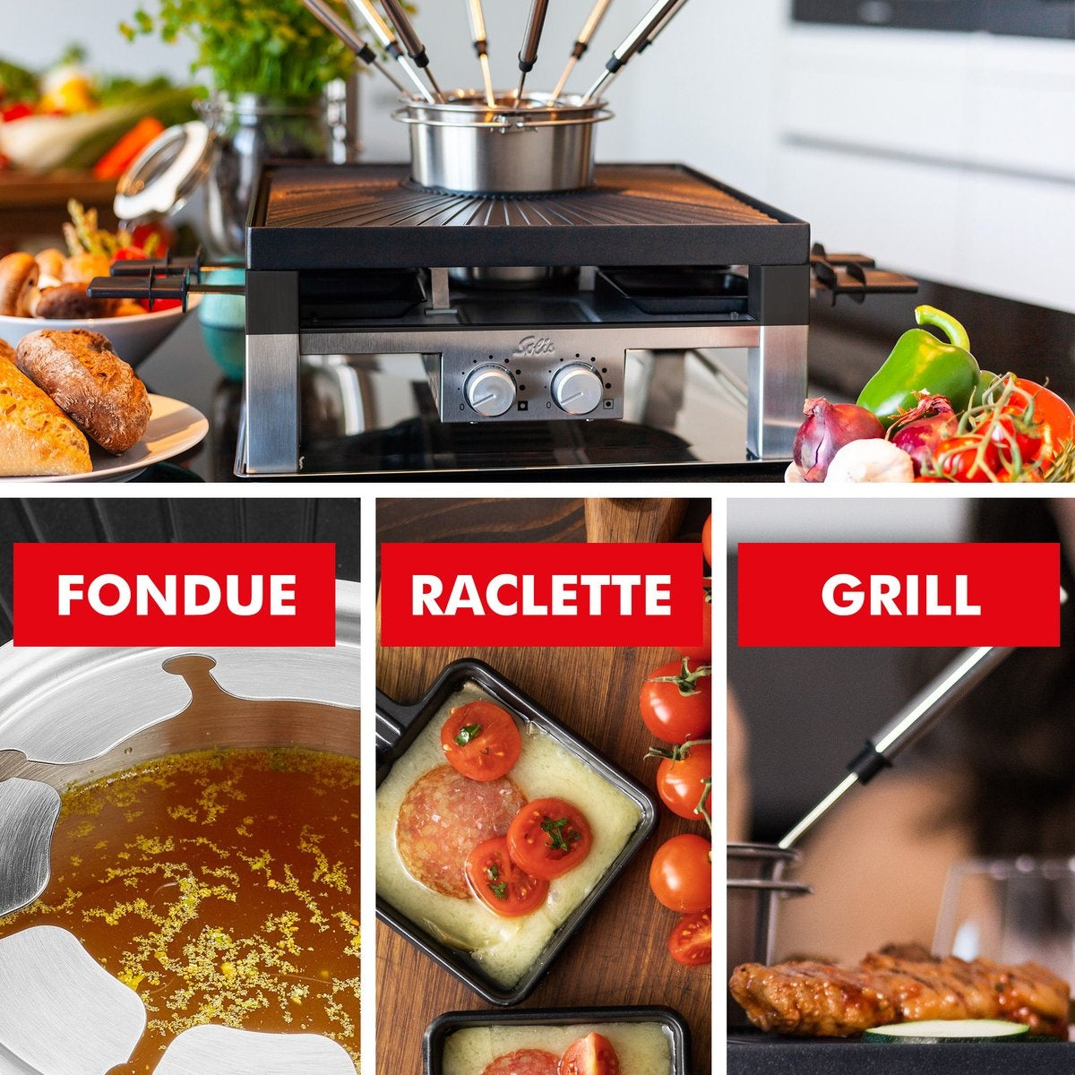 Solis - Combi Grill 3 in Set - 8 Personen - Raclette und Fondue Set - Silber/Schwarz