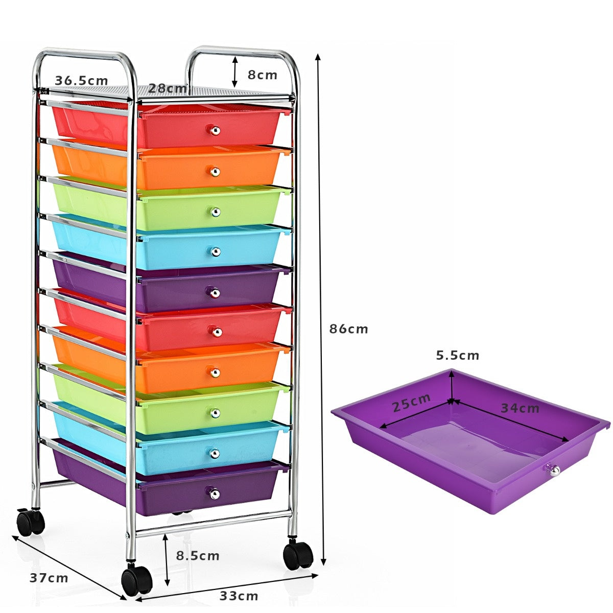 Coast Trolley Bad Roll Container Seitenwagen mit 10 Schubladen 33 x 37 x 86 cm rot + lila