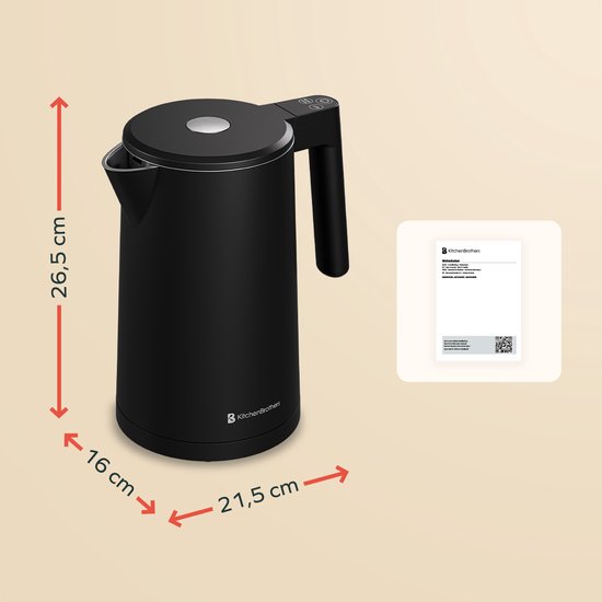 KitchenBrothers Wasserkocher - 1.7L - Mit Temperaturregelung - Elektrisch - Warmhaltefunktion - Display - Doppelwandig - Cool-touch - 2200W - Schwarz