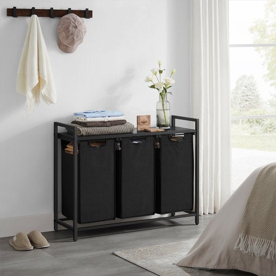 O'DADDY® Wäschekorb 3 Fächer - Wäschesortierer - ausziehbar mit Regal - 92,5 x 33 x 71 cm - Wäschekorb - 114L unterteilt in 3 Fächer - Wäschekörbe - Wäschekorb schwarz Metall - dunkelgrau