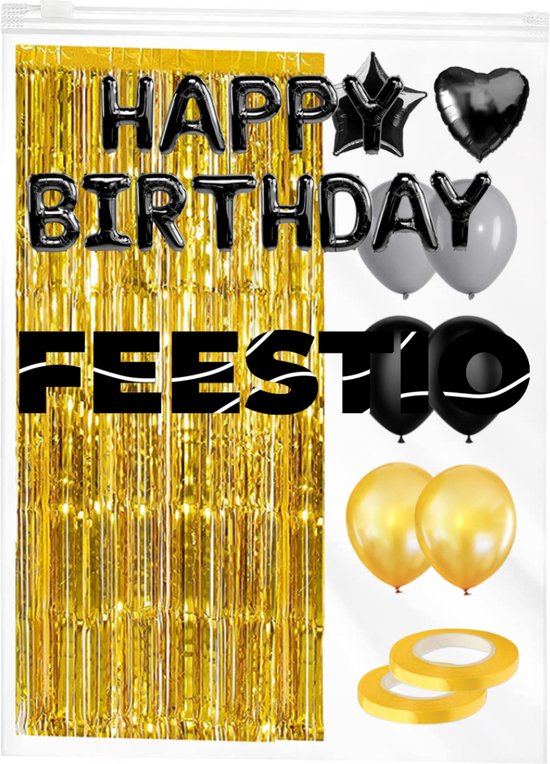Feestio Ballons Geburtstag Dekoration mit Tischtuch und Girlanden - Helium - Schwarz Gold