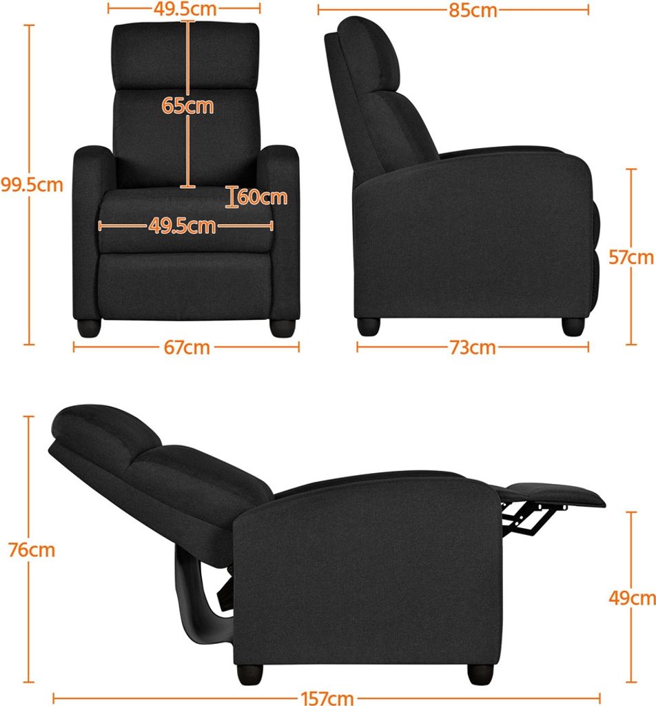 Yaheetech Relaxsessel mit Liegefunktion – TV-Sessel – Leinenoptik – Schwarz – 67 x 85 x 99,5 cm