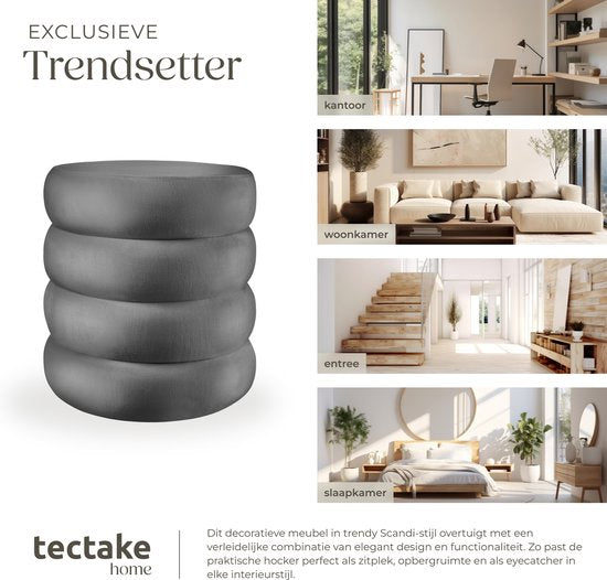 tectake® Hocker mit Ablage - Scandi Hocker Samtstoff - Runder gepolsterter Hocker für Frisiertisch, Schlafzimmer, Wohnzimmer oder als Flurmöbel - Ablagehocker - grau