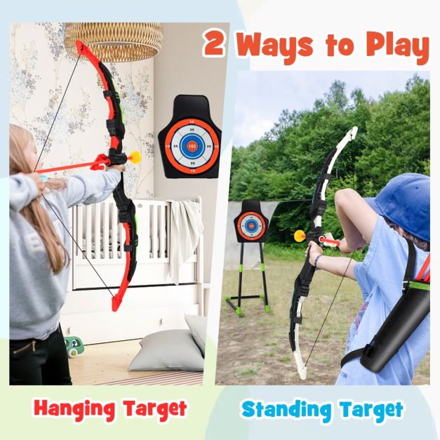 Pfeil und Bogen Set für Kinder mit LED-Beleuchtung - inkl. 20 Pfeile, 2 Trageköcher, Stand- und Hängeziel - Spielset für drinnen und draußen - 110 x 30 cm