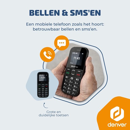 Denver Senioren-Handy 4G – Große Tasten – SOS-Taste – Ohne Smartphone aufwachsen – Ladestation – GSM – Bluetooth – FM-Radio – Vollständig auf Niederländisch und Französisch – Modell 2026 – BAS18800L