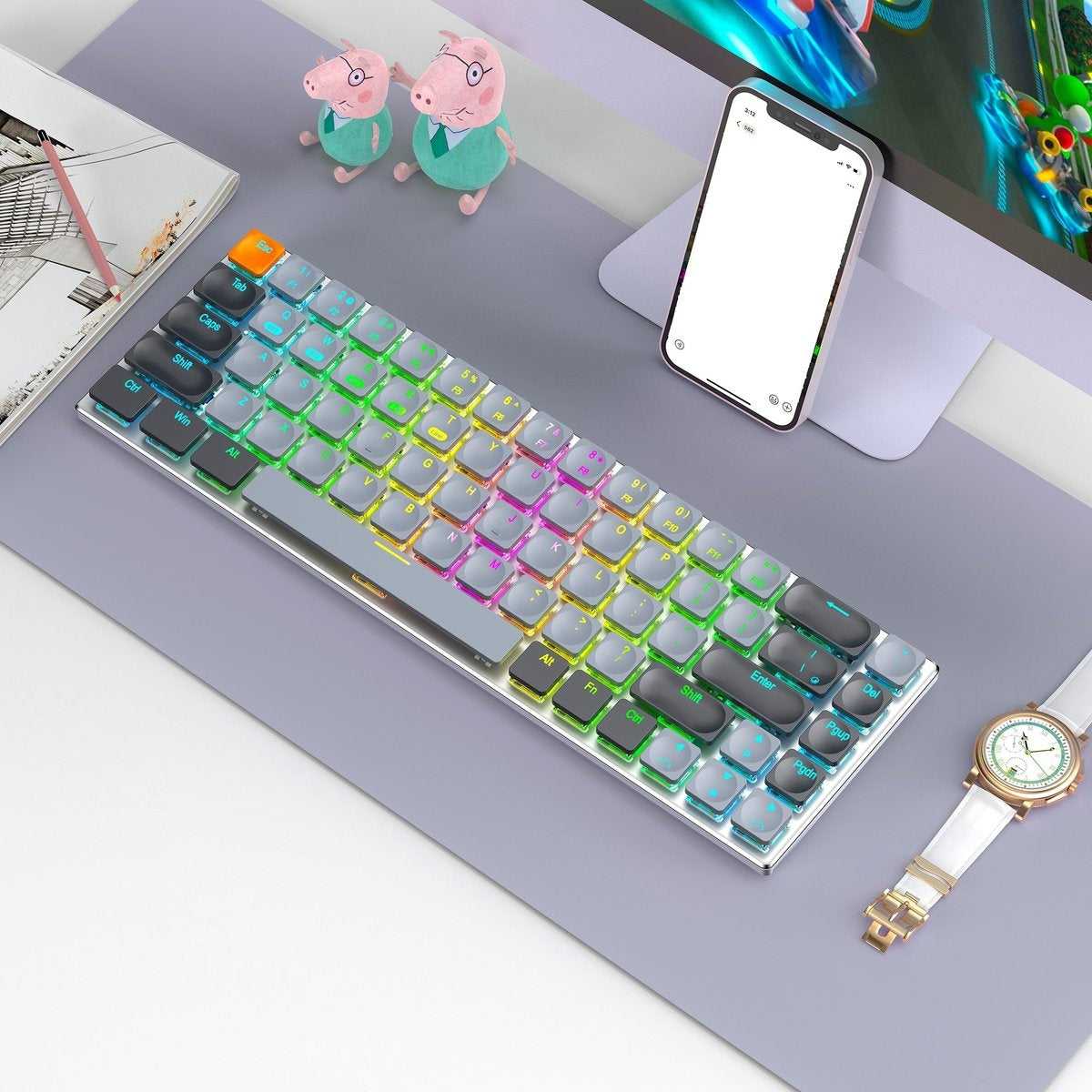 XINMENG RF-68MINI Kabellose mechanische Tastatur - 68Tasten - Bluetooth/2.4G/Line 3modes - Low Blue Switch - RGB LIGHT - Windows/Mac - QWERTY - Leicht und tragbar