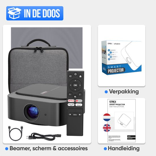 Strex Smart Beamer WiFi – Mini-Beamer mit Apps (WhaleOS) – 1080p-Full-HD-Projektor – 4K-Unterstützung – Bluetooth und integrierte Lautsprecher – inklusive Tragetasche und Projektionsleinwand