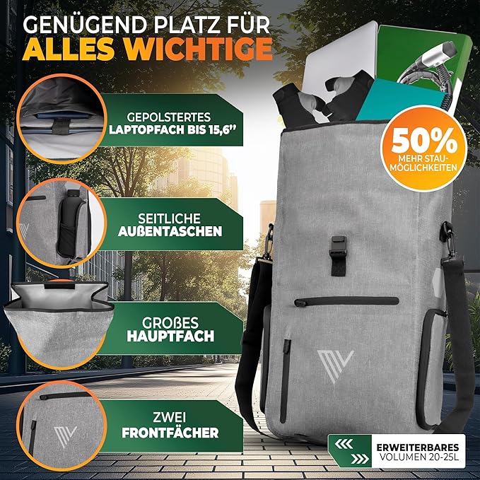 MIVELO Pannier - 3-in-1-Rucksack & Umhängetasche - Wasserdicht - 25 Liter - Grau