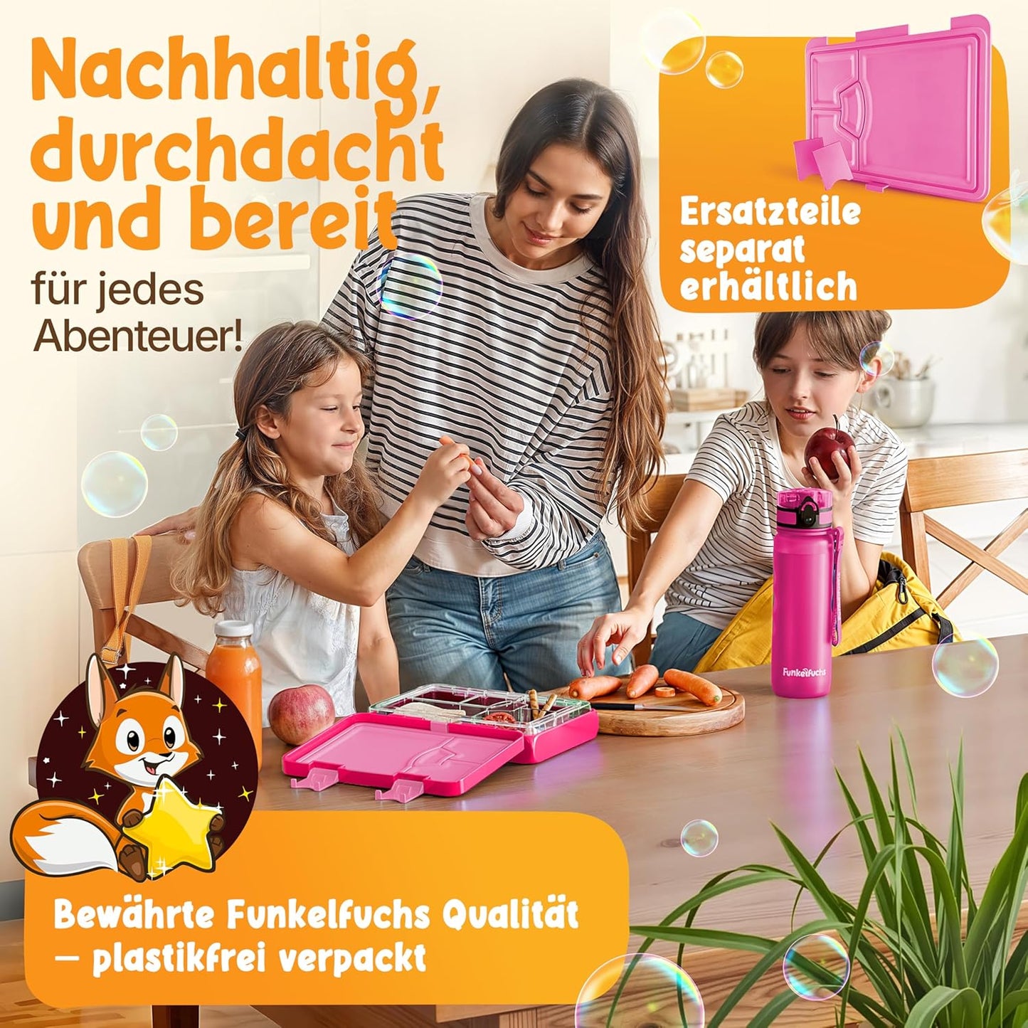 Funkelfuchs® - Lunchbox für Kinder mit Fächern - 800ml, pink - Lunchbox moonlight, groß - Brotzeitbox, Brotzeitbox, Lunchbox, Brotzeitbox, Bento-Box für Kinder - für Schule, Kindergarten und Kita