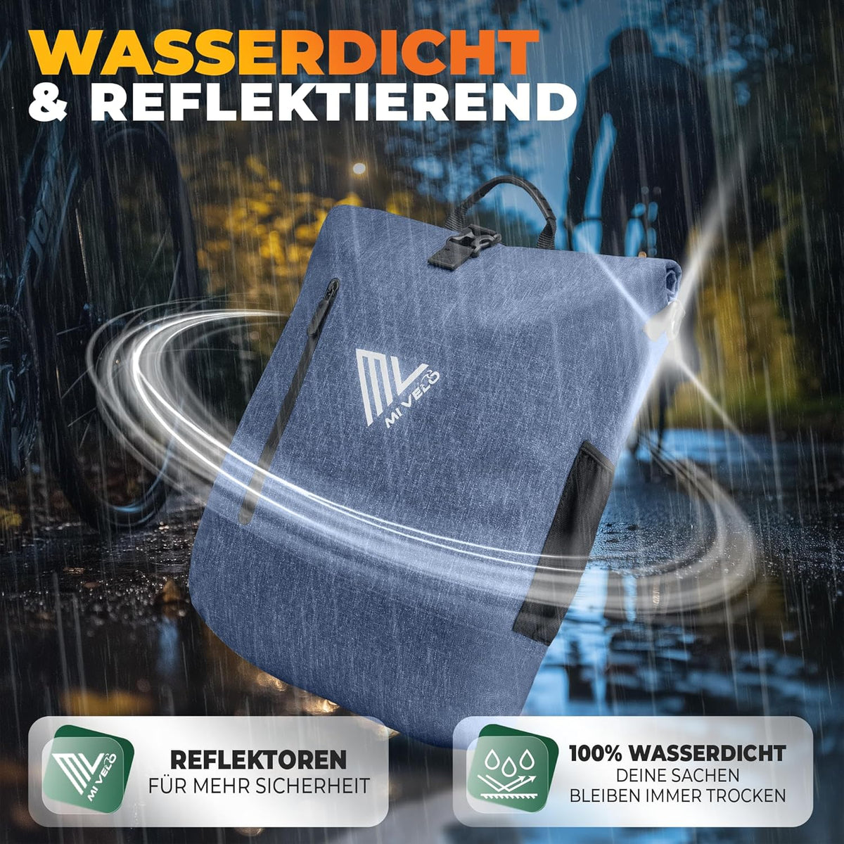 MIVELO - 3-in-1 wasserdichte Fahrradtasche mit Laptop-Fach und Schloss - PVC-frei - 20 L - Jeansblau
