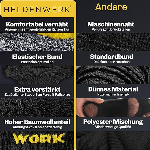 HELDENWERK 10 Paar Arbeitssocken für Herren, hochwertige | verstärkte Arbeitssocken aus atmungsaktiver Baumwolle | robuste Arbeitssocken mit bequemem Bund - Größe 35-38