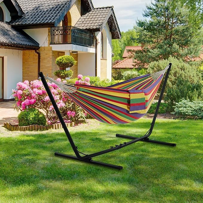 Yaheetech Hängematte mit Ständer 294-314 cm - Regenbogen Streifen - Verstellbare 2-Personen Garten Hängematte mit Tragetasche bis zu 205 kg
