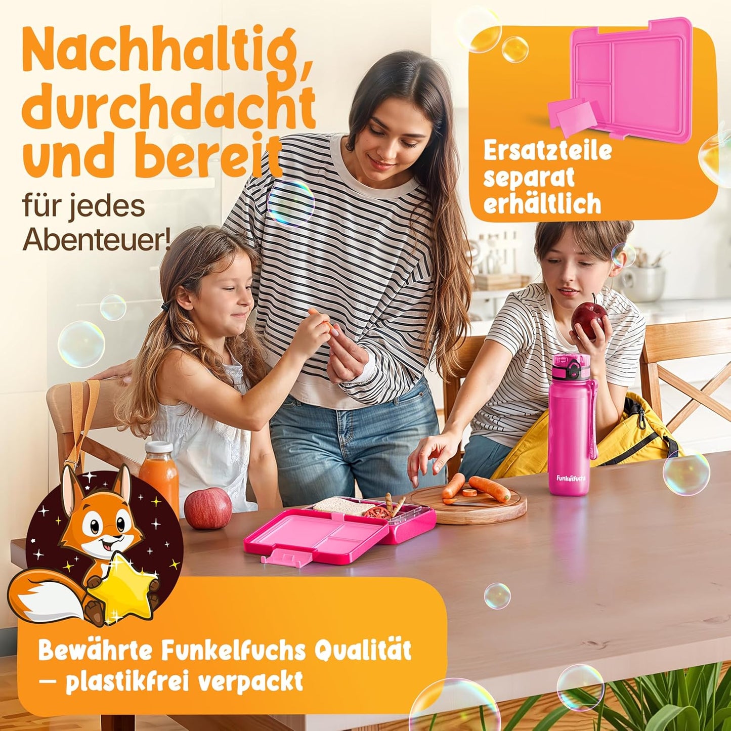 Funkelfuchs® - Lunchbox für Kinder mit Fächern - 500ml, pink - Lunchbox Stern, klein - Brotzeitbox, Snackbox, Lunchbox, Brotzeitbox, Brotdose, Bento-Box für Kinder - für Schule, Kindergarten und Hort