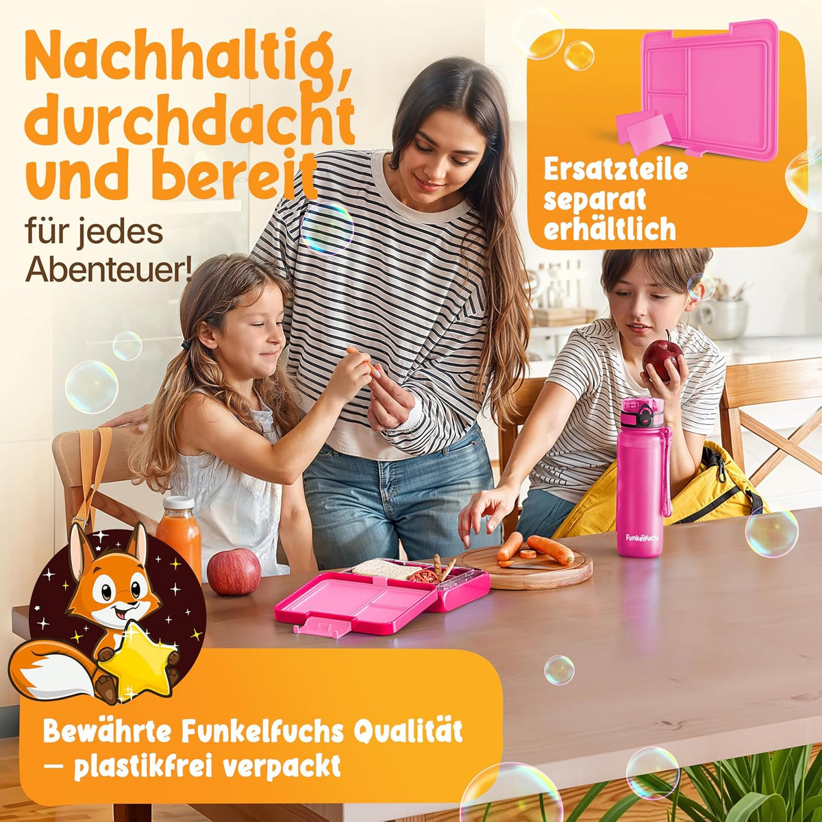 Funkelfuchs® - Lunchbox für Kinder mit Fächern - 500ml, pink - Lunchbox Stern, klein - Brotzeitbox, Snackbox, Lunchbox, Brotzeitbox, Brotdose, Bento-Box für Kinder - für Schule, Kindergarten und Hort