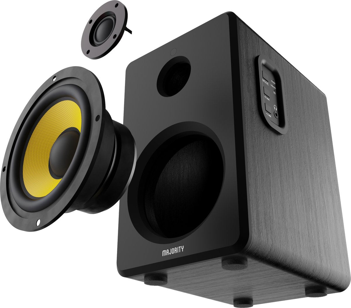 Majority - D40X - Aktive Regallautsprecher - Anschluss über Bluetooth - USB - AUX - RCA und optisch - Integrierter Verstärker - 4-Zoll-Tieftöner - Fernbedienung und integriertes Bedienfeld - Kevlar-Basswiedergabe - Plug and Play